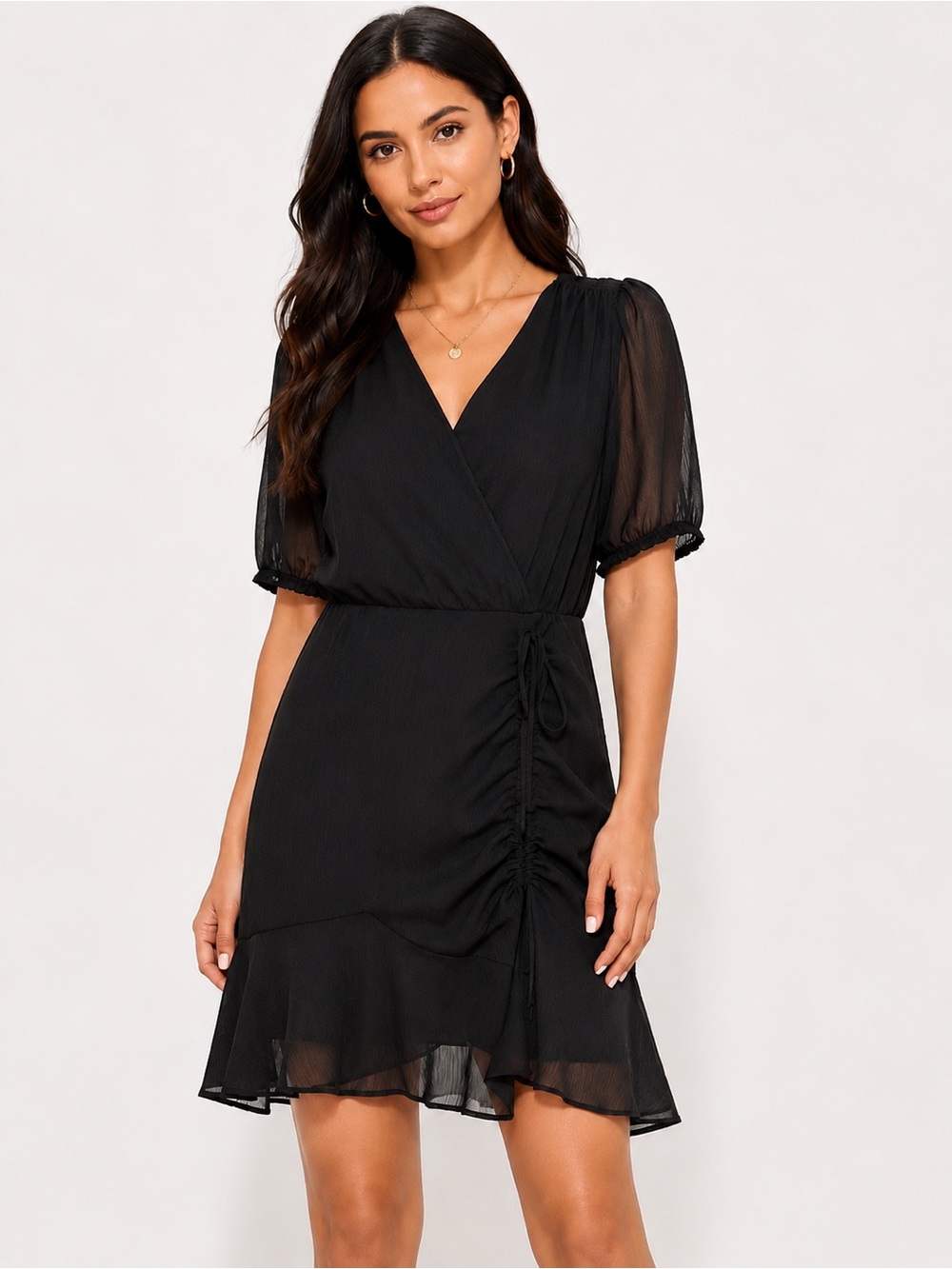 LOFT Petite Black Faux Wrap Ruched Chiffon Dress Sheer Sleeves Size 6P